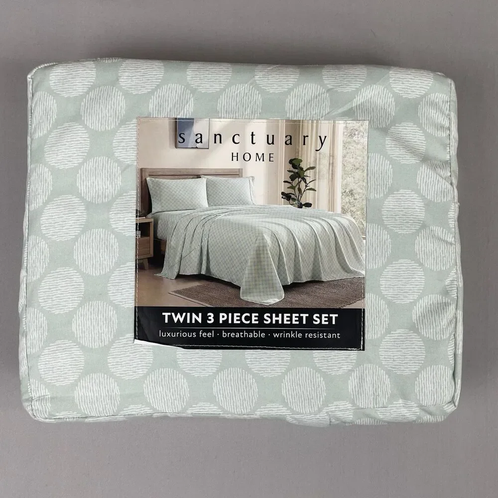 Sanctuary Home 3-Piece Twin Sheet Set Printed Green White Pattern New Luxurious
